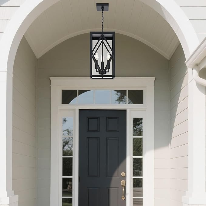 15.7'' Outdoor Pendant Light for Porch 3-Lights Metal Black Outdoor Chandelier Exterior Hanging Porch Light Fixtures w/Clear Glass, Outside Pendant Lantern for Front Door Entryway, E12 Base