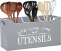 Kitchen Utensil Holder with Drainage Bottom, Large 3 Compartments Solid Real Wood Utensil Organizer for Kitchen Counter, Farmhouse Cooking Tools Storage for Countertop, Gray