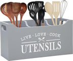 Kitchen Utensil Holder with Drainage Bottom, Large 3 Compartments Solid Real Wood Utensil Organizer for Kitchen Counter, Farmhouse Cooking Tools Storage for Countertop, Gray