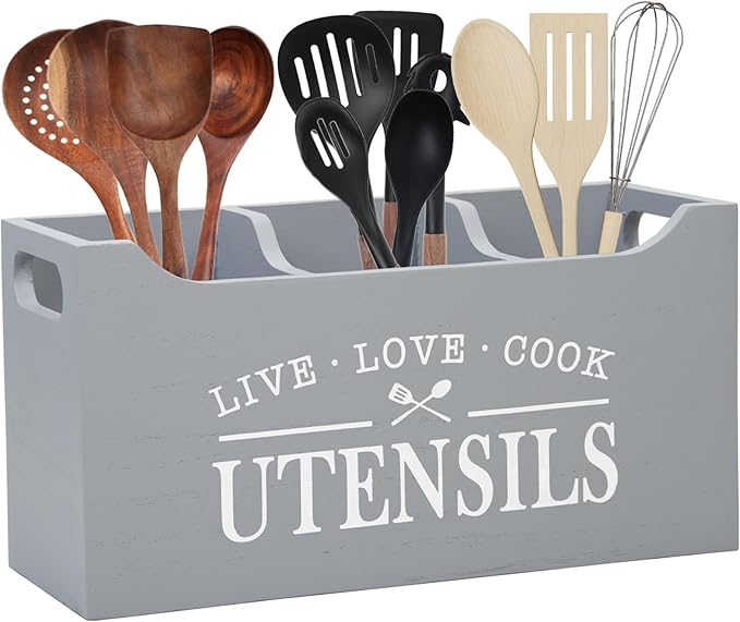 Kitchen Utensil Holder with Drainage Bottom, Large 3 Compartments Solid Real Wood Utensil Organizer for Kitchen Counter, Farmhouse Cooking Tools Storage for Countertop, Gray