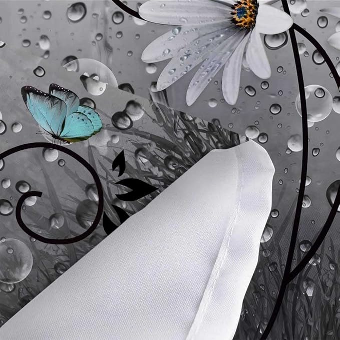Rustic Farmhouse Teal Floral Shower Curtain, Farm Teal Daisy Flowers and Butterfly Shower Curtain for Bathroom, Country Turquoise Gray Fabric Boho Shower Curtain Set with 12PCS Hooks, 36X70IN