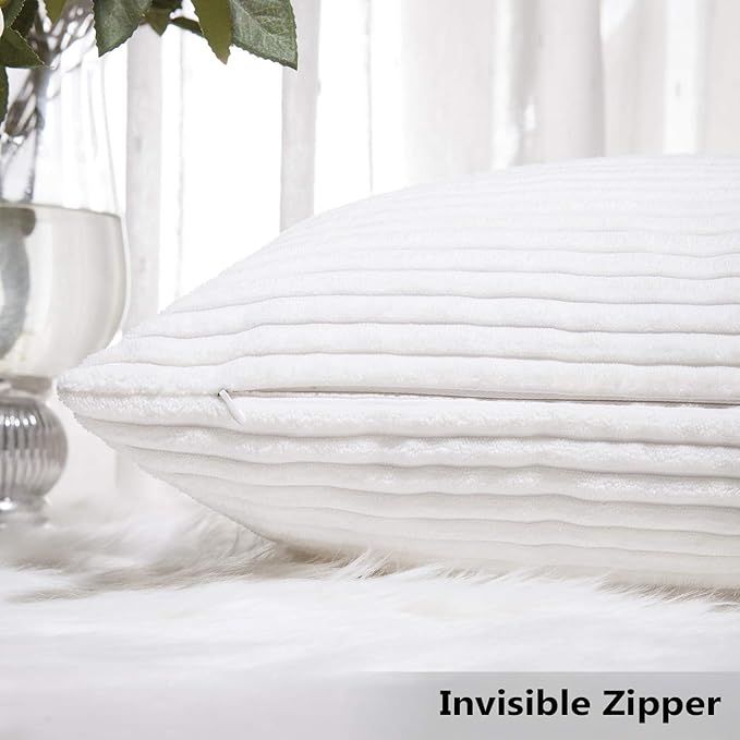 Home Brilliant White Euro Shams Set of 2 60x60 Pillow Covers Striped Corduroy Textured Velvet European Pillow Shams for Couch, 24 x 24 inch, Pure White