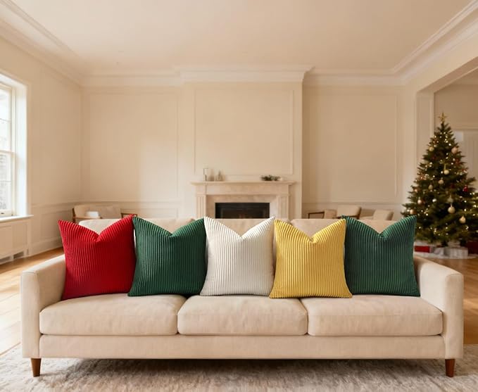 Mecatny Christmas Corduroy Throw Pillow Covers 16x16 Set of 2, Neutral Decorative Soft Boho Couch Pillow Covers with Broadside for Sofa Living Room, Christmas Red