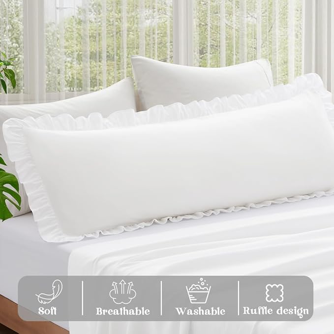 KKJIAF Ruffle Body Pillow Cases Set of 1, Ruffled Pillow Covers with Envelope Closure, Body Pillowcases Size of 20" x 54", Ruffled Long Pillow Shams, White