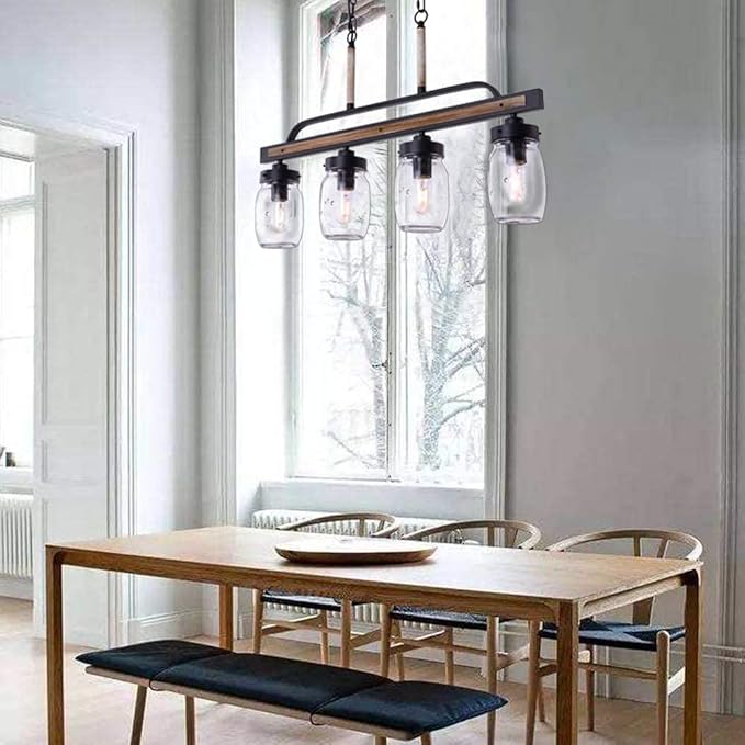 Wellmet Farmhouse Dining Room Chandelier, Black Mason Jar Chandelier Lighting Fixture for Kitchen Island, Dining Table, Rustic Linear Cluster Hanging Pendant Light, Faux Wood with Glass Shade