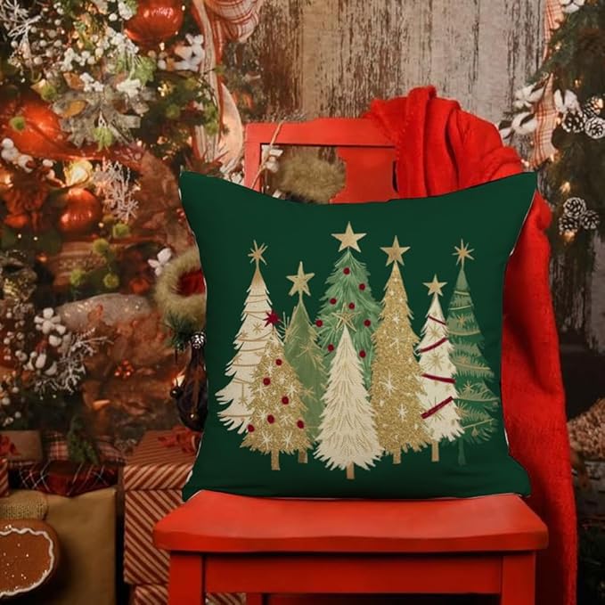 RABUSOFA Christmas Tree Pillow Covers 18x18 Inch,Watercolor Xmas Winter Decor Gold Stars Cushion Case Decoration for Home Sofa Couch Holiday (Green, 18" x 18" (Pack of 1))