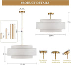 Modern 23.6" Large Drum Chandelier 6-Lights Vintage Modern Chandelier Light Fixture with Linen Shade Retro Farmhouse Drum Chandeliers for Dining Room, Kitchen Island, Living Room, Bedroom