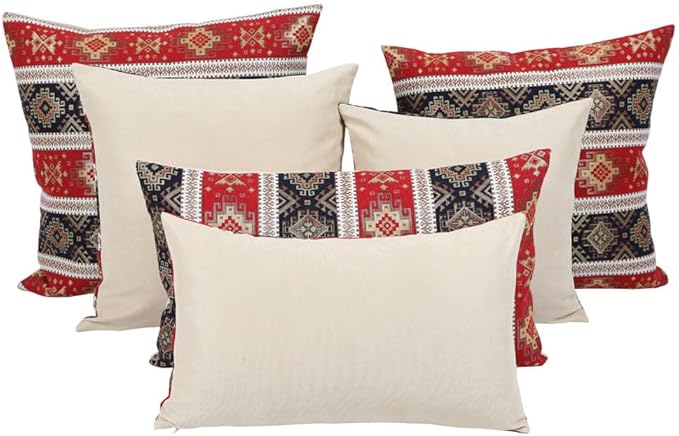 Tapestry Gobelin Red-Black 16"x16" Pillow Cover Sham Ethnic Turkish Kilim Tribal Style Throw Decorative for Home Decor, Sofa, Couch, Porch, Patio, Window Seat