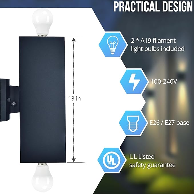wowlite Outdoor Wall Lights Dusk to Dawn Sensor, 6000K Cool LED Up Down Sconce, IP65 Waterproof 13" Modern Square Matte Black Exterior Light Fixture Wall Mount for Porch Patio Garage, ETL Listed