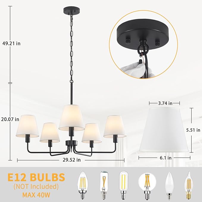 29.52" Black Farmhouse Chandelier with Fabric Shade, 5-Arm Vintage Modern Dining Room Light Fixture, Kitchen Island Pendant Hanging Foyer Light Fixture for Entryway Hallway Living Room Over Table