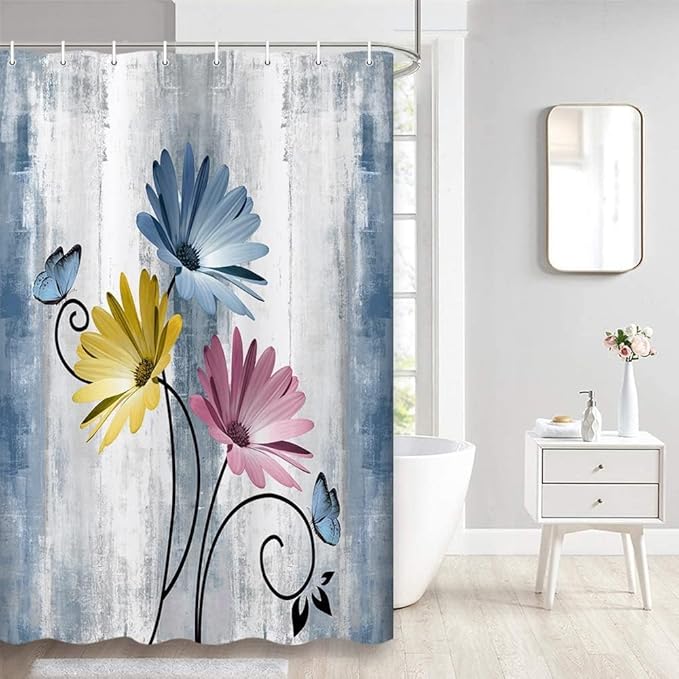 Rustic Farmhouse Shower Curtain, Farm Blue Daisy Floral Flowers and Butterfly on Country Wooden Shower Curtain for Bathroom, Turquoise Pink Yellow Bathroom Shower Curtains with 12PCS Hooks, 48X70IN