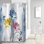 Rustic Farmhouse Shower Curtain, Farm Blue Daisy Floral Flowers and Butterfly on Country Wooden Shower Curtain for Bathroom, Turquoise Pink Yellow Bathroom Shower Curtains with 12PCS Hooks, 48X70IN