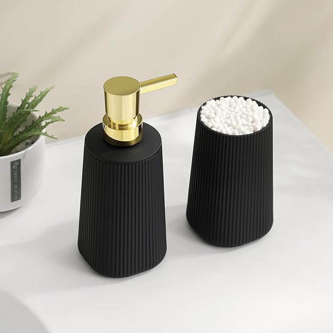 Black and Gold Striped Bathroom Accessories 2 Piece Set Soap Dispenser and Toothbrush Holder