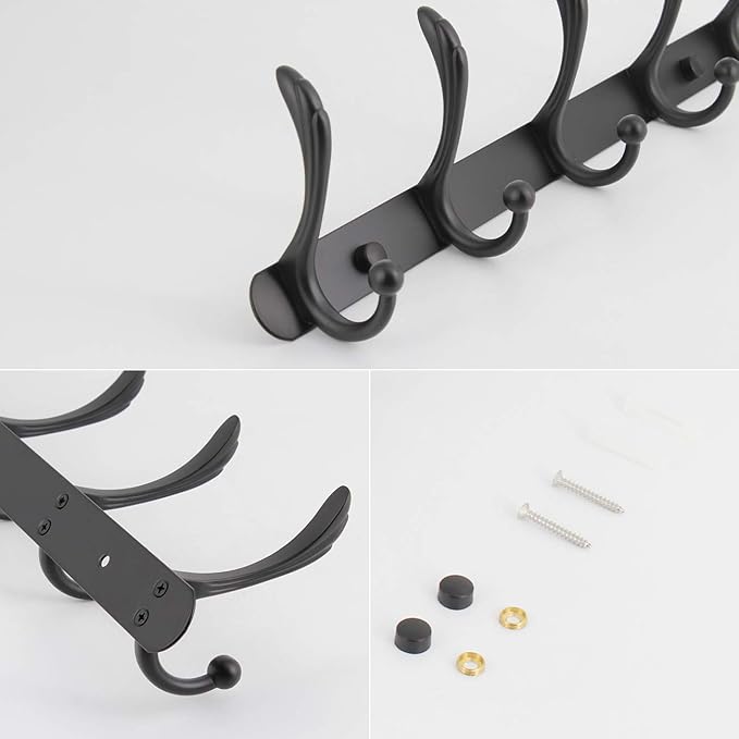 Coat Rack Wall Mounted - 5 Tri Hooks, Heavy Duty, Metal Coat Hook Rail for Coat Hat Towel Purse Robes Mudroom Bathroom Entryway (Black)