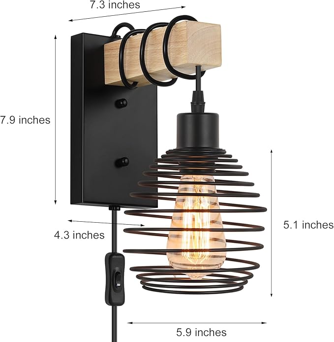 Plug in Wall Light Farmhouse Wall Lamps Set of 2 for Bedroom Industrial Wood Sconces Wall Light Fixtures with Metal Cage Lampshade for Living Room Home Office