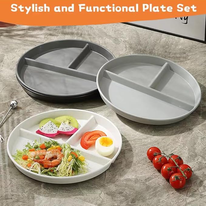 Portion Control Plate for Balanced Eating (5 Pack), 9" Unbreakable Divided Plates,3 Compartment Plates, Reusable Plastic Plates,Weight Loss, BPA Free