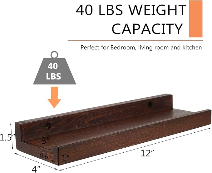 12 Inch Floating Shelves Wall Mounted Set of 2, Rustic Wall Shelves for Decor and Storage, Solid Walnut Wood Shelf, Picture Ledge for Bedroom/Bathroom/Living Room/Kitchen, Walnut Color, 12*4*1.5