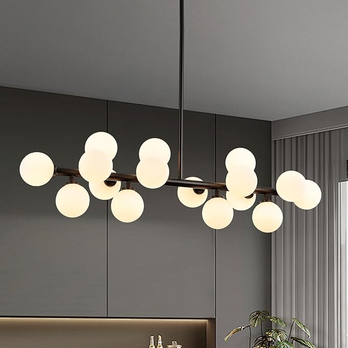 16-Light Globe Sputnik Chandelier, Mid Century Modern Light Fixture Over Table, Black Linear Chandeliers for Dining Room and Kitchen Island (Milk White Glass Bubble Shades, 40 Inch)