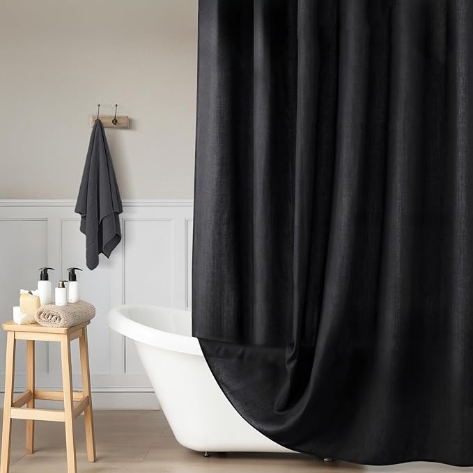 Linen Shower Curtain with 6 Hooks Modern Heavy Duty Washable Fabric Curtain Set Waterproof Thick Cloth Shower Curtains for Bathroom Bathtub Washable, W36*L70, Black