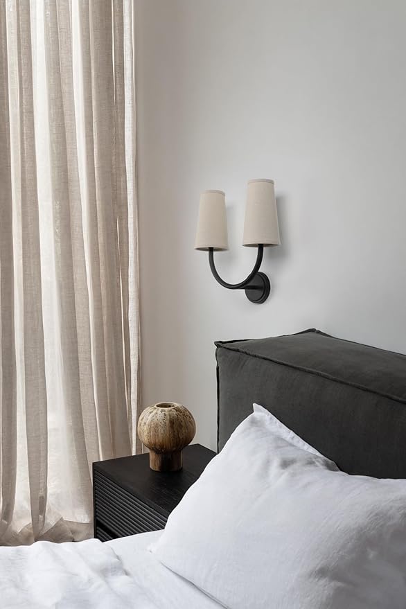 Yosoan Linen Wall Sconce Indoor Night Light Fixture, 2-Light Dual Indoor Vanity Vintage Industrial Hardwired Sconces Wall Lighting with Textile Fabric Shade Lamp for Bedroom Living Room Bedside(Black)