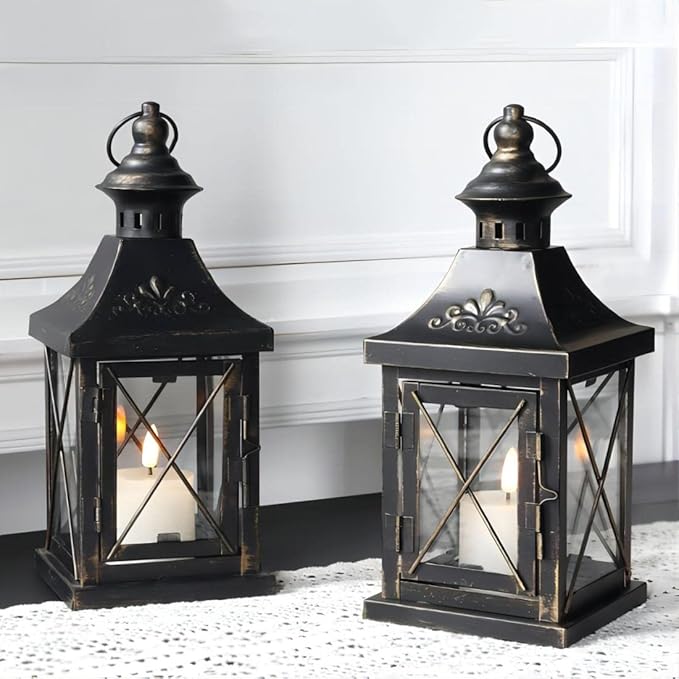 TRIROCKS Set of 2 Decorative Candle Lantern 11'' High Metal Candle Holder Hanging Lantern Perfect for Home Decor Halloween Living Room Parties Events Tabletop Indoors Outdoors (Black with Gold Brush)