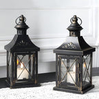 TRIROCKS Set of 2 Decorative Candle Lantern 11'' High Metal Candle Holder Hanging Lantern Perfect for Home Decor Halloween Living Room Parties Events Tabletop Indoors Outdoors (Black with Gold Brush)