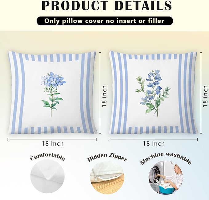 JINYO Vintage Blue and White Striped Floral Pillow Covers 18x18 Set of 4, Floral Decorative Throw Pillow Covers for Living Room Bedroom Home, Flower Room Decor