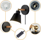 ClanKin Plug in Wall Sconces Lighting Fixture, Black Nordic Wooden Bedside Wall lamp for Industrial Bedroom, Bathroom Sink Lighting for Bathroom Hallway Living Room(1Pack-Black with Plug in Swtich)