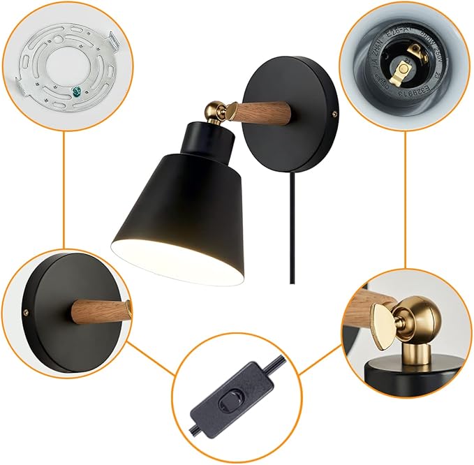 Plug in Wall Sconces Lighting Fixture Set of 2,Bedside Wall Light for Industrial Bedroom, Wall Mounted Lamp for Bathroom Hallway Living Room (2Pack Black with 1.8M Plug in Cord)