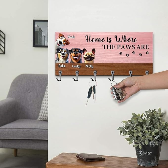 Personalized Dog Leash Holder for Wall Custom Dog Paw Cartoon Portrait with Name Key Hanger for Entryway Family Wall Mounted Pet Stuff Organizer Housewarming Home Decor Gifts for Pet Lovers