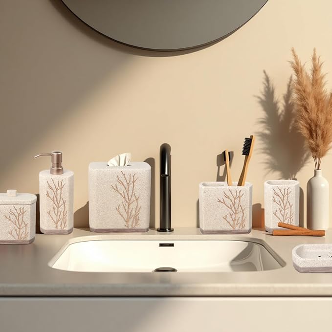 Decozen Bathroom Accessories Set – Soap Dispenser, Toothbrush Holder, Tumbler, Soap Dish, Cotton Swab Jar & Toilet Brush – Modern Bathroom Decor Set 6-Pcs (Kent)