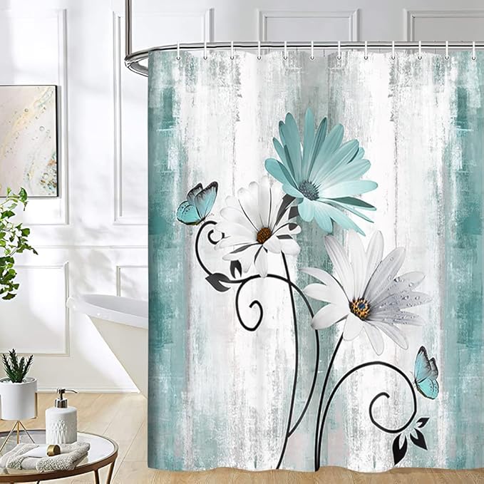 Rustic Farmhouse Shower Curtain, Farm Teal Daisy Floral Flowers and Butterfly on Country Wooden Shower Curtain for Bathroom, Turquoise Blue Bathroom Shower Curtains with 12PCS Hooks, 70X84IN