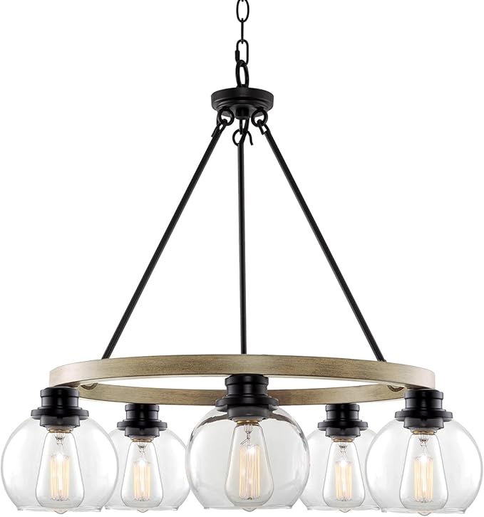 Kira Home Elwood 25" 5-Light Industrial Rustic Farmhouse Wagon Wheel Chandelier + Clear Glass Globe Shades, Smoked Birch Finish