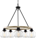 Kira Home Elwood 25" 5-Light Industrial Rustic Farmhouse Wagon Wheel Chandelier + Clear Glass Globe Shades, Smoked Birch Finish