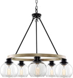 Kira Home Elwood 25" 5-Light Industrial Rustic Farmhouse Wagon Wheel Chandelier + Clear Glass Globe Shades, Smoked Birch Finish