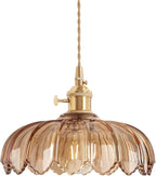 Pendant Light with Amber Scindapsus Glass Lmapshade, Brass Vintage Pendant Light Adjustable Hanging Light for Kitchen Island Dining Room Hallway