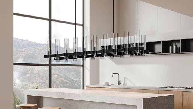 Black Linear Chandelier, 68 Inch 20-Lights Modern Kitchen Island Dining Room Over Table Light Fixture, Industrial Farmhouse Large Pendant Lighting with Glass Shade