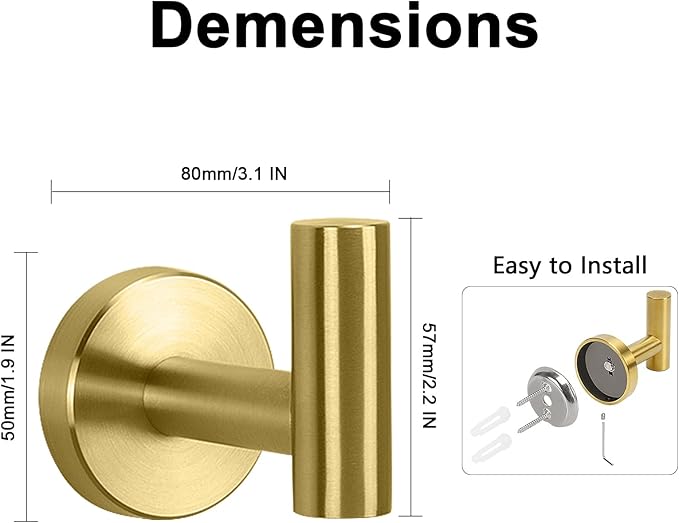 NearMoon Bath Towel Hooks- SUS 304 Stainless Steel Robe Hook Holder, Heavy Duty Coat Hook for Bathroom Livingroom Hotel Kitchen Garage, Wall Mounted (Brushed Gold, 16 Pack)