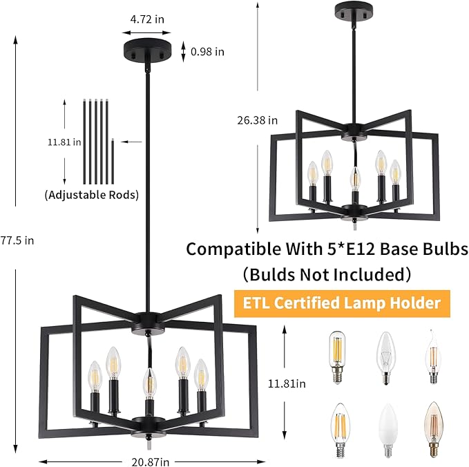 Black Chandelier, 5-Light Dining Room Light Fixture Geometric Metal Modern Industrial Chandelier Lighting for Farmhouse Living Room Entryway Kitchen (Black, E12 Bulbs Not Included)