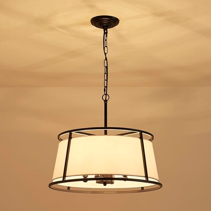 Shrine Lighting Drum Chandeliers, Modern Style, Perfect Pendant Light Fixture for Dining Room, Living Room, D20'' x H9'', Adjustable Chains 59'', E12*4 Sockets, White Lampshade & Black Finish Frame