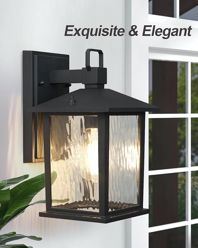 1-Pack Outdoor Porch Light, Matte Black Outdoor Wall Sconce with Water Ripple Glass, Rustproof and Waterproof, Exterior Lantern for House, Patio, Garage, 12" High, Bulb Not Included