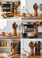 100% Natural Teak Wood Wooden Utensil Set – 12 Pcs Cooking Tools with Large Spoon Holder & Rest – Non-Stick, Heat Resistant, Durable, Food-Safe & Eco-Friendly Kitchen Gadgets