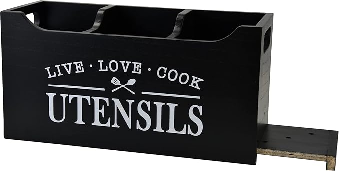 Kitchen Utensil Holder with Drainage Bottom, Large 3 Compartments Solid Real Wood Utensil Organizer for Kitchen Counter, Farmhouse Cooking Tools Storage for Countertop, Black
