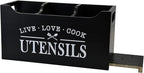 Kitchen Utensil Holder with Drainage Bottom, Large 3 Compartments Solid Real Wood Utensil Organizer for Kitchen Counter, Farmhouse Cooking Tools Storage for Countertop, Black