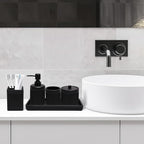 Resin Matte Black Bathroom Accessories Set 5 Pcs, Lotion Soap Dispenser, Toothbrush Holder, Bathroom Tumbler, Qtip Holder and Vanity Tray, Bathroom Countertop Organizer Set for Home Apartment