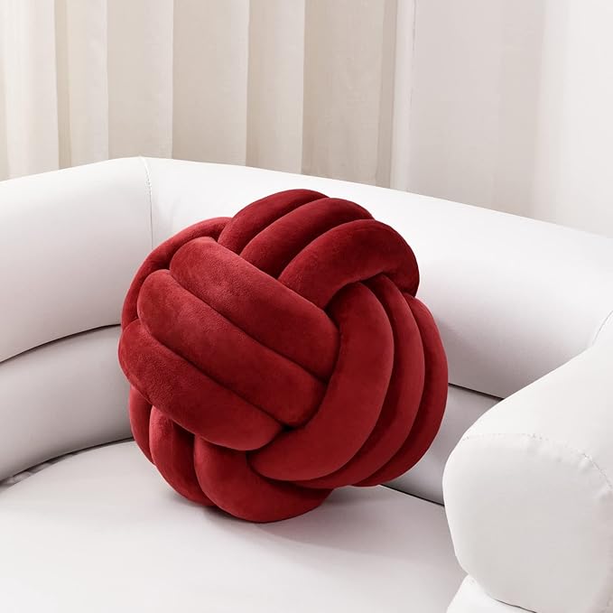 Sioloc Soft Knot Ball Pillows,Round Throw Pillow Cushion Home Decoration Plush Pillow,Throw Knotted Pillow Handmade Round Plush Pillow（10.6inches,Burgundy）