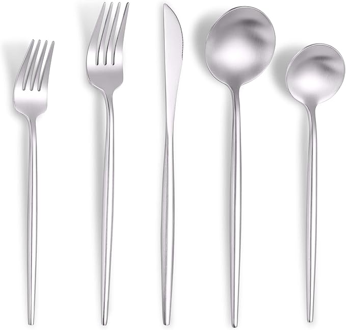 Lemeya Matte Silverware Set for 8,Modern Stainless Steel Brushed Cutlery Set,40-Pieces Heavy Duty Flatware Set,Knives Spoons and Forks Set Utensils Set, Satin Finish, Dishwasher Safe