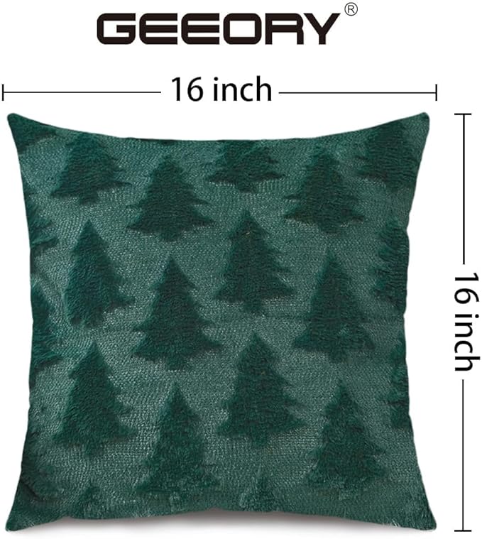 GEEORY Christmas Tree Throw Pillow Covers 16x16 Inch Set of 2, Xmas Winter Soft Plush Faux Fur Wool Decorative Farmhouse Holiday Cushion Case for Home Decoration (Green) GC003-16