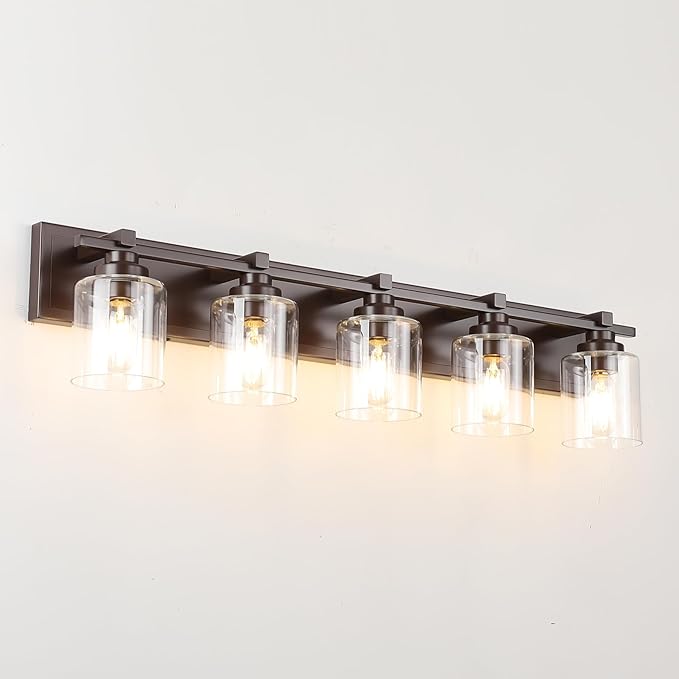5 Light Modern Bathroom Light Fixtures Over Mirror, Bronze Finish Vanity Lights for Bathroom Wall Sconces with Clear Glass Shades, E26 Socket (Bulbs Not Included)