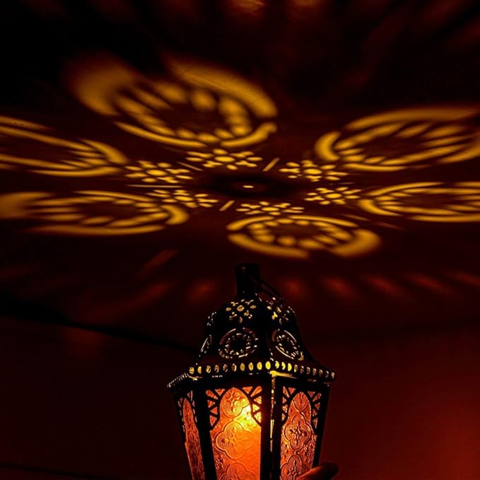 DECORKEY Moroccan Lantern Decorative Indoor & Outdoor, 13.6’’ Vintage Decorative Hanging Lanterns with Chian for Home Porch Patio Decor, Metal Ramadan Christmas Candle Holder Decorations (Amber)